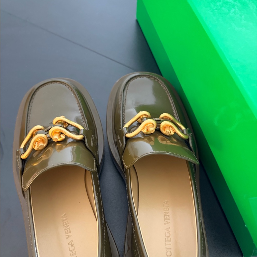 Bottega Veneta Olive Green Loafers with Gold Accents - Picture 5 of 7